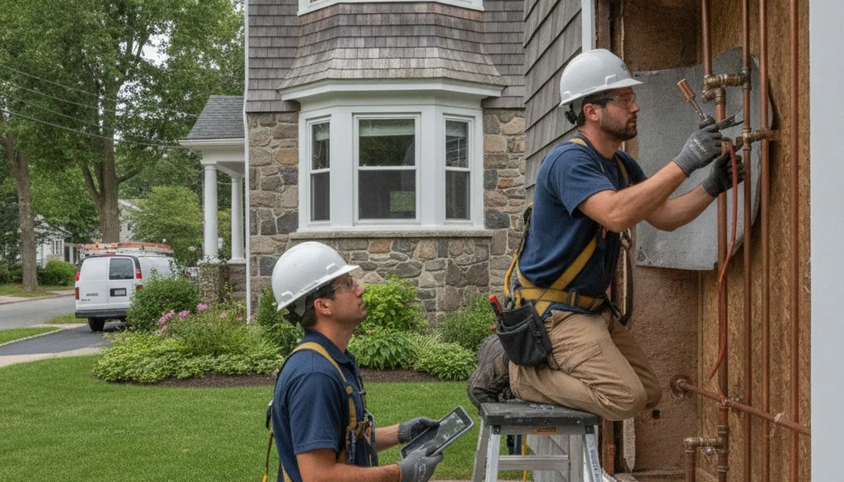 Plumber repairing a pipe in Newton, MA for residential plumbing service