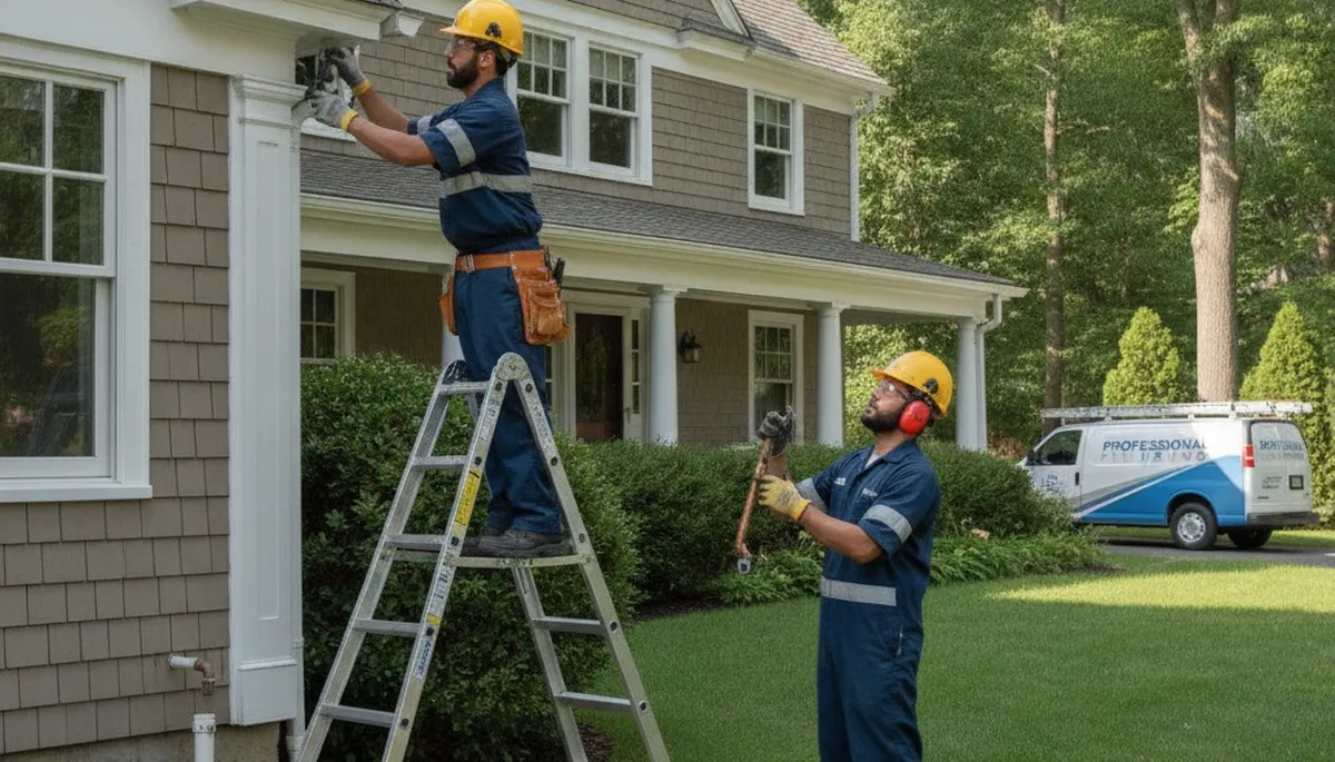 Plumber repairing a pipe in Newton, MA for plumbing service at plumbernewtonma-new.com
