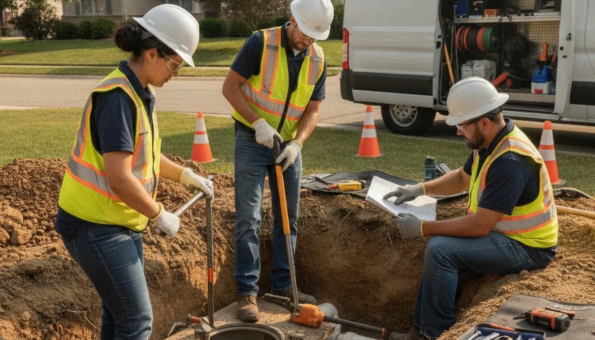 Septic repair technician servicing Newton, MA home plumbing system