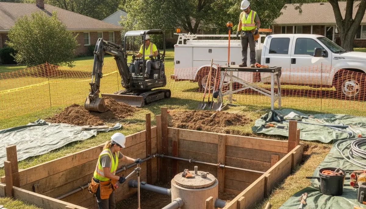 Newton, MA plumber repairing a septic system for a residential plumbing service call
