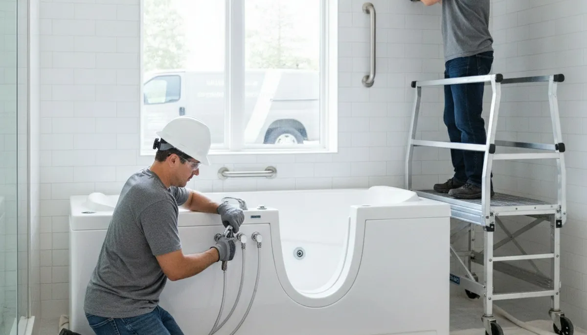 Walk-in tub installation by Newton, MA plumbers for safer home bathing and plumbing connections