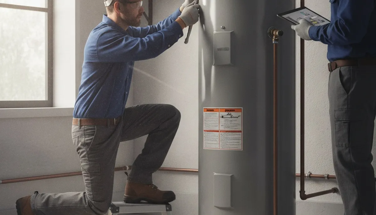 On Call Plumbers repairing a water heater in Newton, MA for reliable home plumbing service